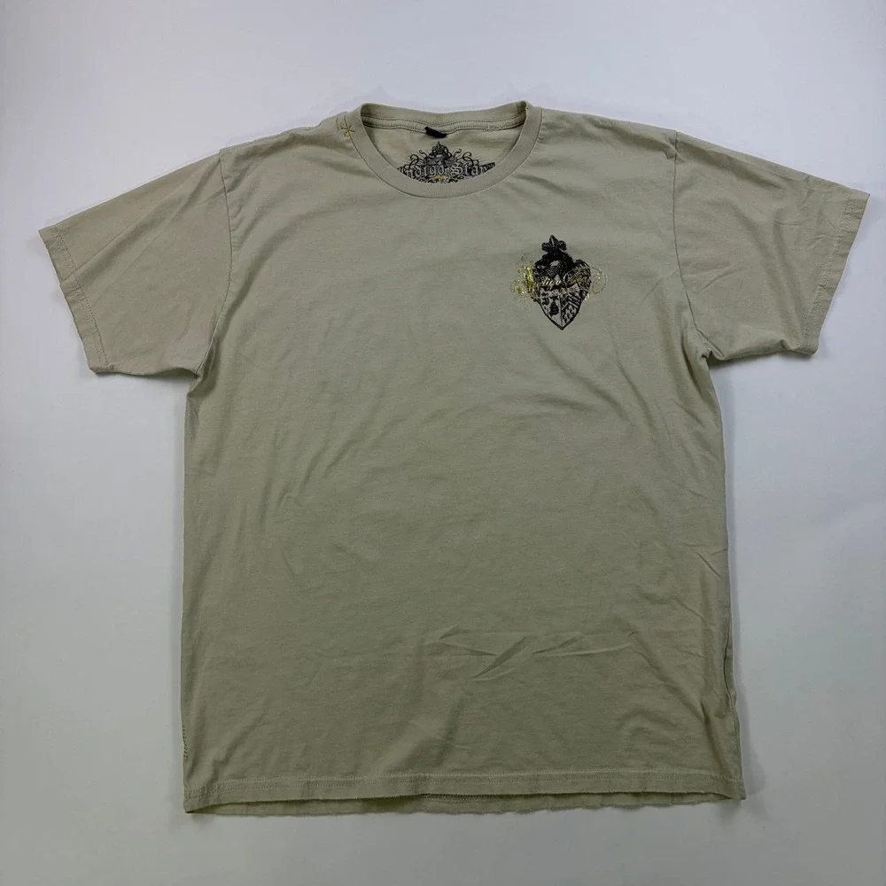 Y2K Indigo Star Graphic T-Shirt Mens Large Beige Face Death Live Life Tee